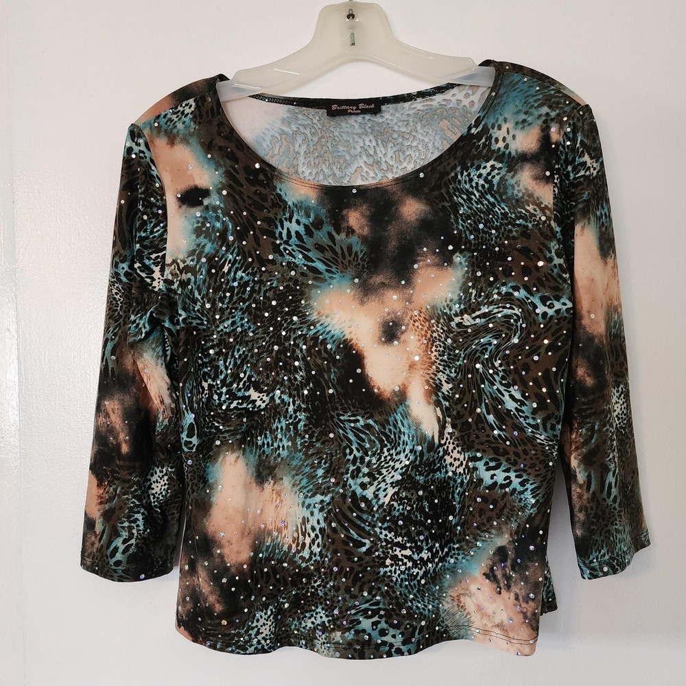 PM Brittany Black Petite Celestial Print Sparkly Blouse, Size Petite‎ Medium